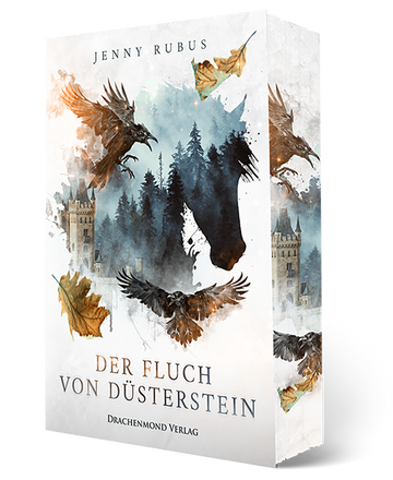 Das Cover zeigt mittig den Umriss eines Pferdekopfes. In diesem sieht man einen dunklen Wand und Teile eines Schlosses. Darum sieht man fallendes Laub und Raben. Der Titel des Buches steht darunter. Der Hintergrund des Covers ist weißgrau. Auf dem Buchschnitt sieht man die Raben und die Burg.